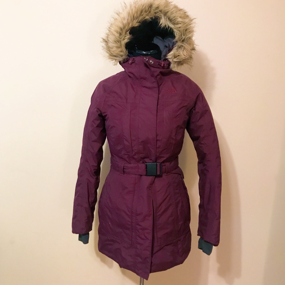 The North Face Maroon Puffer Jacket with Fur Hood